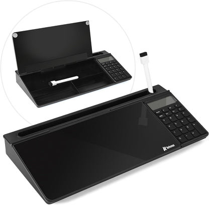Varhomax Glass Desk Whiteboard Black with Calculator, Desktop Organizers Dry Erase White Board To-do List Memo Keyboard Stand with Accessories for Home School Office Supplies