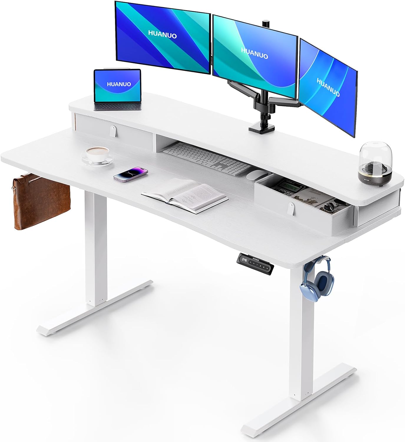 HUANUO 60″ x 30″ Electric Standing Desk with 2 Drawers, C-Clamp Mount Compatible, Height Adjustable Computer Desk, Home Office Stand Up Desk with 4 Preset Heights & 2 Hooks, Vintage Brown