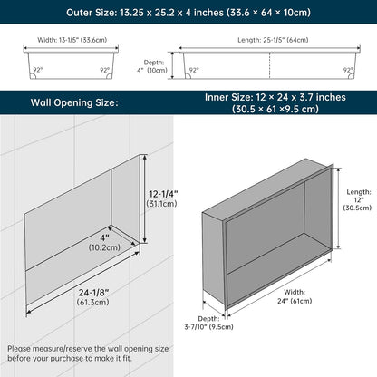 BLYLUND Shower Niche 12" x 24" NO Tile Needed,Matte Black Double Shelf Organizer, Square Corners Wall-Inserted Niche Recessed Shower Shelf Modern Soap Niche for Bathroom