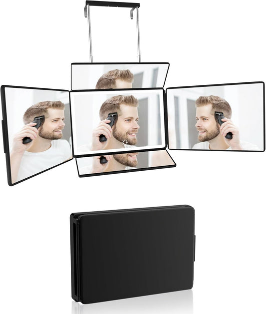 Aokoka 5 Way Mirror with Light for Self Hair Cutting, 360° Barber Mirror for Men Shaving, Makeup Mirror with Height Adjusta for Braiding Hair Styling Dye Hair for Women