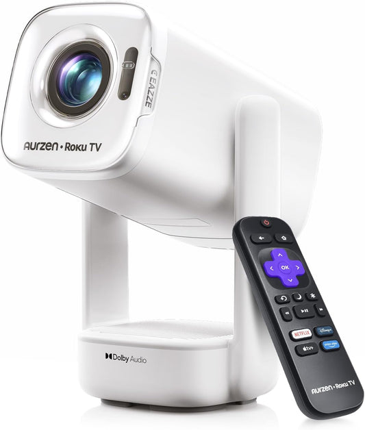 Aurzen D1R air Roku TV Mini Projector with USB-C Power, Roku Built-in & Official Apps, Portable Design & Flexible Stand, Native 1080P, DoIby Audio, Smart Projector for Home & Outdoor, White