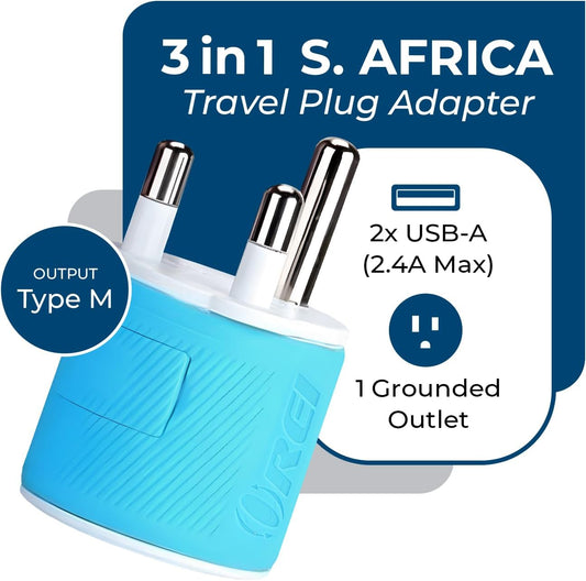 OREI South Africa, Botswana, Namibia Travel Plug Adapter with Dual USB - USA Input - Type M (U2U-10L), Will work with Cell Phones, Camera, Laptop, Tablets, iPad, iPhone - PuriLite