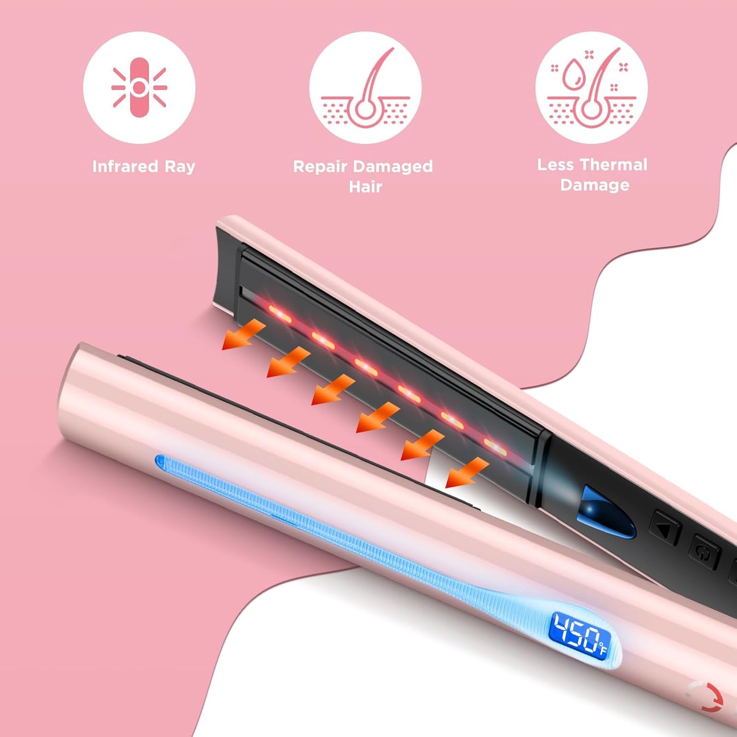 IG INGLAM Titanium Flat iron Hair Straightener, Curling Iron 1 Inch, Infrared Negative Ionic Hair Iron Straightener 11 Adjust Temp 250°F to 450°F, Shiny Hair Dual Voltage 110-240V, Gift, Pink