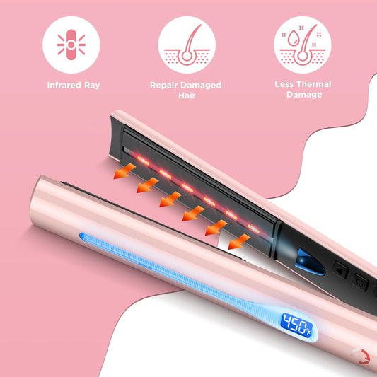 IG INGLAM Titanium Flat iron Hair Straightener, Curling Iron 1 Inch, Infrared Negative Ionic Hair Iron Straightener 11 Adjust Temp 250°F to 450°F, Shiny Hair Dual Voltage 110-240V, Gift, Pink - PuriLite