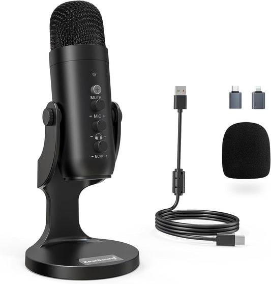 ZealSound USB Microphone,Condenser Phone Computer PC Mic kit,Plug&Play Gaming Microphones for PS 4&5.Mic Gain&Volume Control,Echo &Mute Button for Vocal,Record,Streaming,Discord YouTube Podcast on Mac
