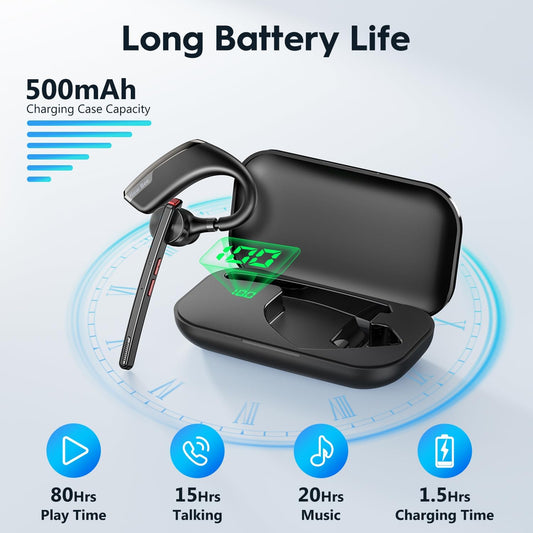 New bee Bluetooth Headset, Wireless Bluetooth Earpiece for Cellphone with 500mah Charging Case 80h Playtime V5.2 Dual Mic Noise Cancelling Hands-Free Earphones for Office Driver - PuriLite