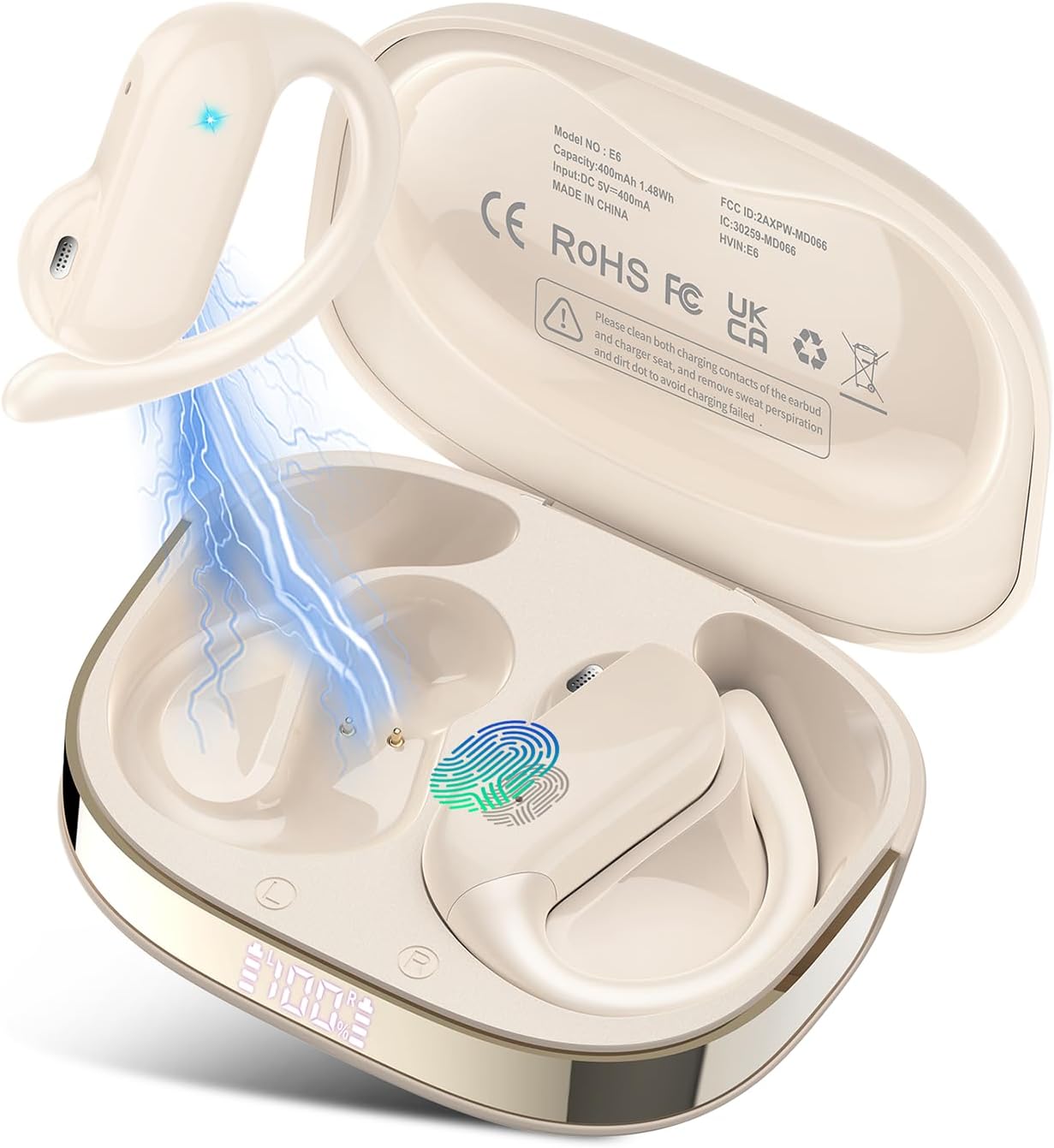 Open Ear Headphones, Bluetooth 5.4 Wireless Earbuds with HD Clear Calls, 32Hrs Immersive Stereo Air Conduction Earphones with Earhooks, LED Display, IPX7 Lightweight Open Ear Buds for Sports Blue