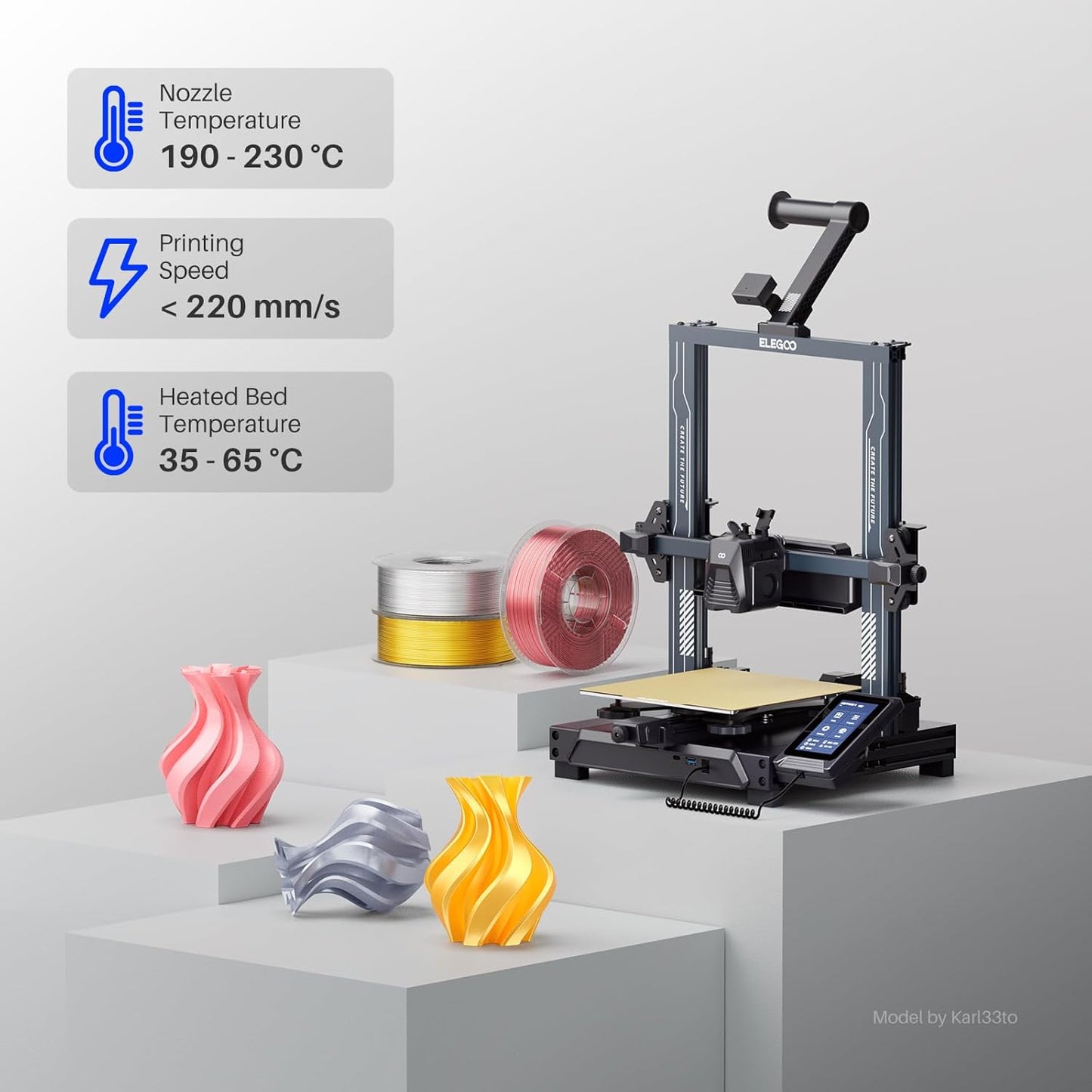ELEGOO PLA Filament 1.75mm Black 1KG,3D Printer Filament Dimensional Accuracy +/- 0.02mm,1kg Cardboard Spool(2.2lbs) 3D Printing Filament Fits for Most FDM 3D Printers