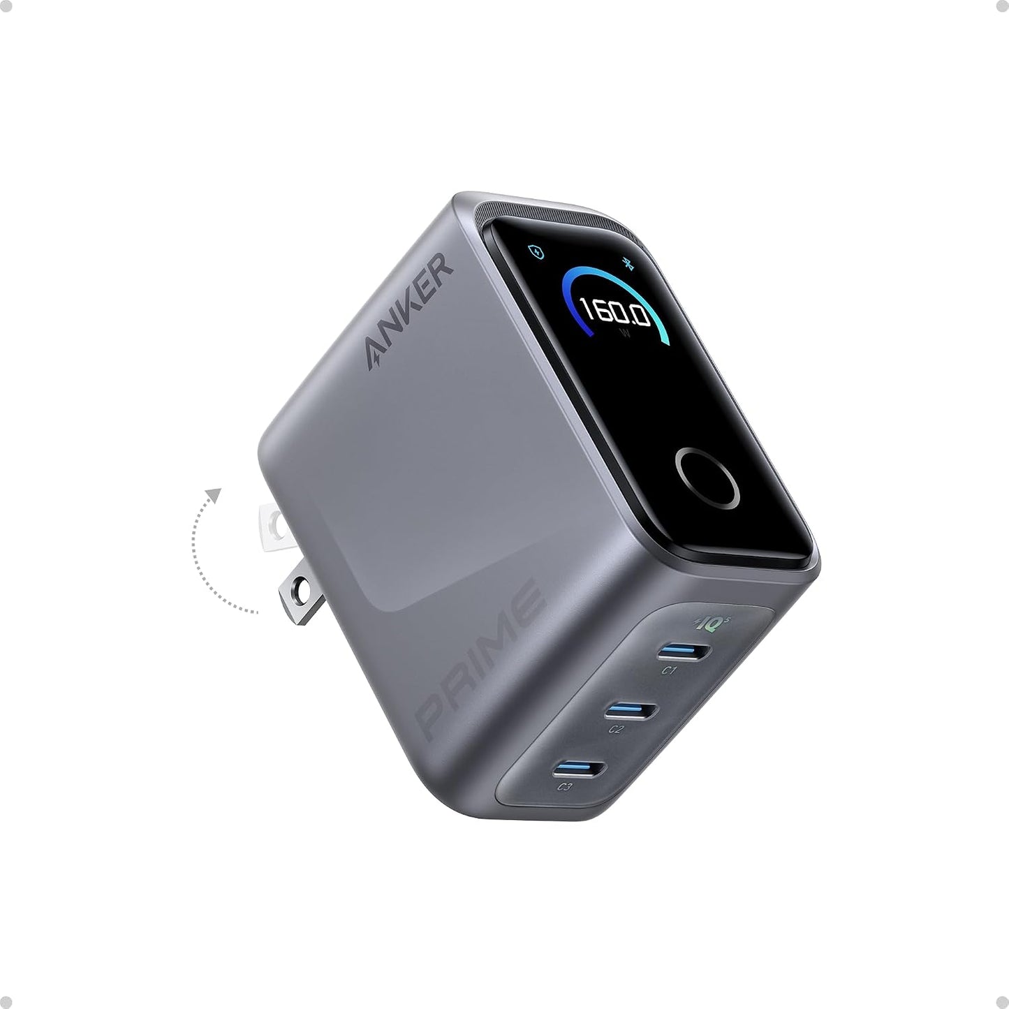 Anker Prime Charger, 160W Max 3-Port GaN Charger, for MacBook Pro Charger | Smart Display, Touch Control, Up to 140W Fast Charging for One Device,for MacBook Pro/Air, iPhone 17/16 Series,Samsung Galaxy