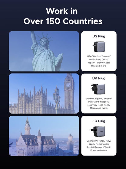 UGREEN Nexode 65W USB C Charger GaN Universal Travel 3 Ports, US/UK/EU Plug Compatible with MacBook Pro/Air, Dell XPS, iPhone 15/14, iPad, Galaxy S23 S22, Steam Deck