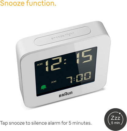 Braun Digital Alarm Clock with Snooze, Negative LCD Display, Quick Set, Crescendo Beep Alarm in White, Model BC09W.