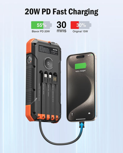 BLAVOR Solar Power Bank 20000mAh Portable Charger Built in 4 Cables, 20W Fast Charging Outdoor Power Bank with USB C, Flashlight, Carabiner, Battery Pack for All Cell Phones, Apple Watch