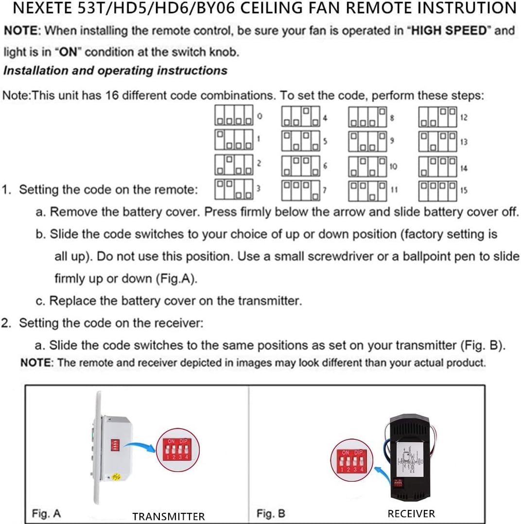 Universal Ceiling Fan Wall Remote Control 3 Speed Light Dimmer Switch 4-DIP Compatible with Hampton Bay, Harbor Breeze, Hunter (Wall Remote Control Only)