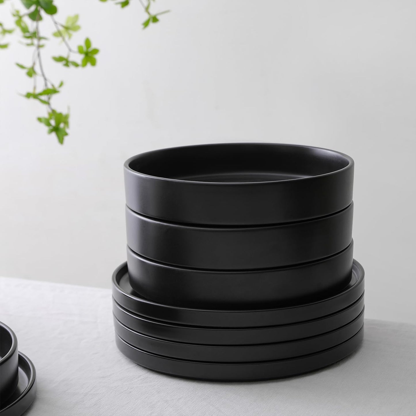 Stone Lain Celina Stoneware 12-Piece Dinnerware Set, Cereal and Pasta Bowls, Black