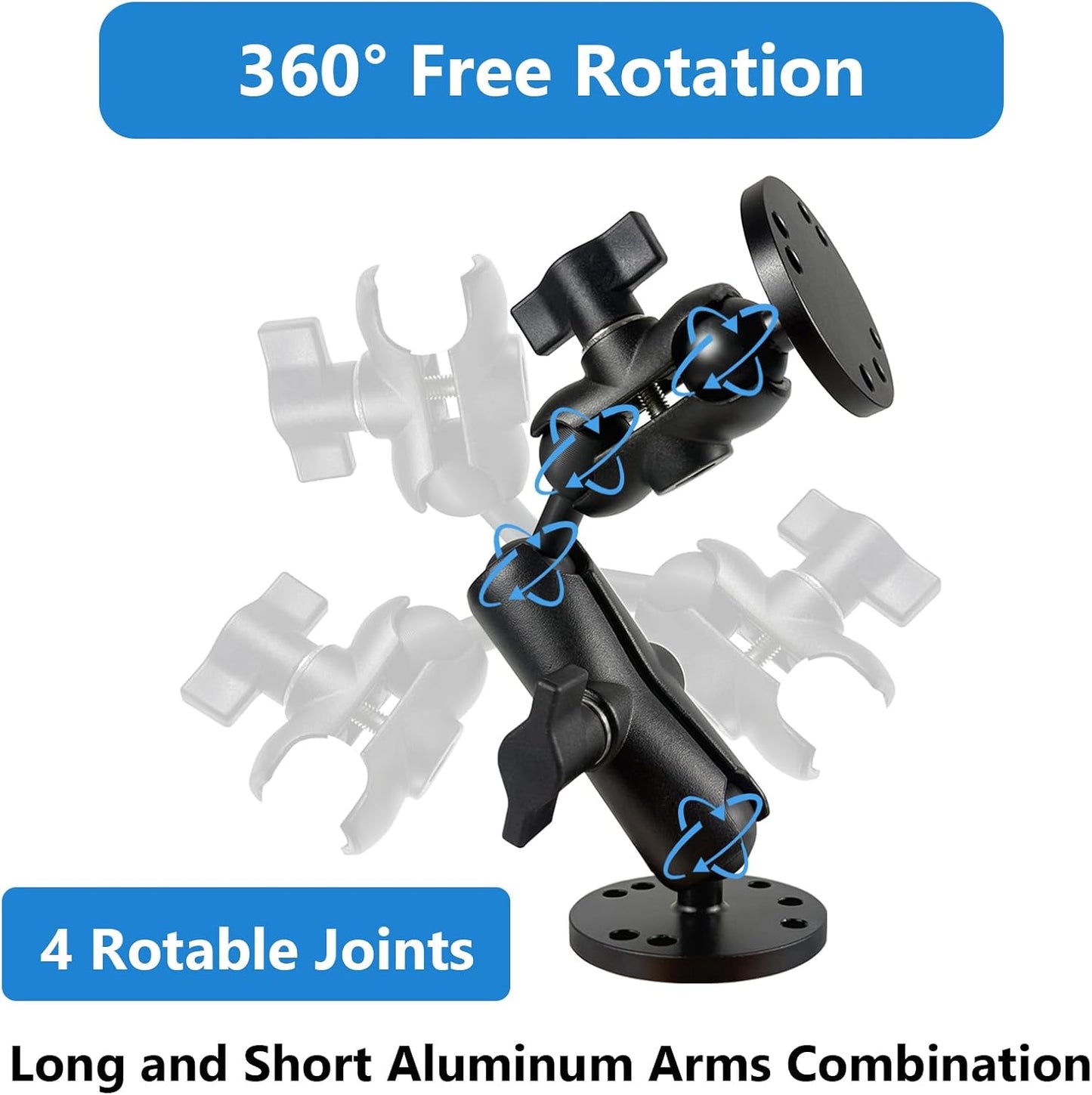 Fish Finder Mount, Aluminum Arm Extension, T-Bolt Attachment for Track Systems, B Size Ball Mount Compatible with RAM, Double AMPS Round Plate for GPS/Boats/Industry