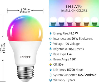 LVWIT Smart Light Bulbs Alexa, A19 60W Equivalent, E26 Smart LED, Work with Google Assistant, Smart Life App, Tuya App, RGB Color Changing Bulb (8.5W), No Hub Required, 4-Pack