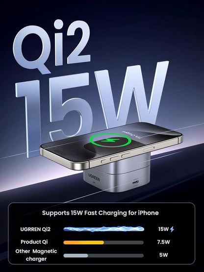 UGREEN MagFlow 15W Qi2 Magnetic Wireless Charging Station, Fast Charger Station Compatible for Magsafe Charger Stand, for iPhone 16/15/14/13 Series, Airpods Pro/4/3/ 2(No AC Adapter)