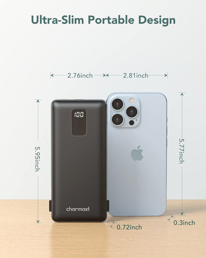 Charmast 10000mAh Portable Charger with Built-in Cables and AC Wall Plug,USB C Battery Pack Power Bank,5 Output 2 Input Battery Pack Compatible with iPhone 16/15/14/13/12,Andriod Series
