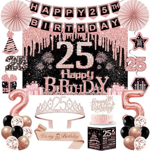 40th Birthday Decorations for Women,32pcs 40th Birthday Party Decorations,Including Backdrop, Crown,Sash,banner, Hanging Swirl,Cake Topper,balloons,Paper Fans,Anniversary Card and paper fans