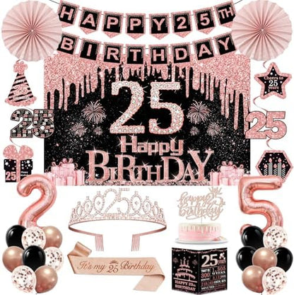 40th Birthday Decorations for Women,32pcs 40th Birthday Party Decorations,Including Backdrop, Crown,Sash,banner, Hanging Swirl,Cake Topper,balloons,Paper Fans,Anniversary Card and paper fans