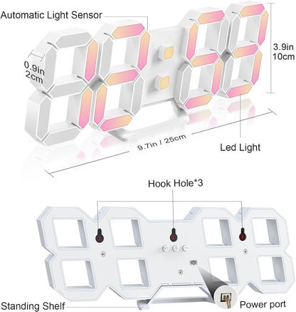 Deeyaple 3D LED Digital Wall Clock Modern Alarm Clock Adjust Brightness 12/24 Time Date Temperature Silent Snooze USB Night Light Remote Control Kitchen Bedroom Living Room Small 9.7 inch White