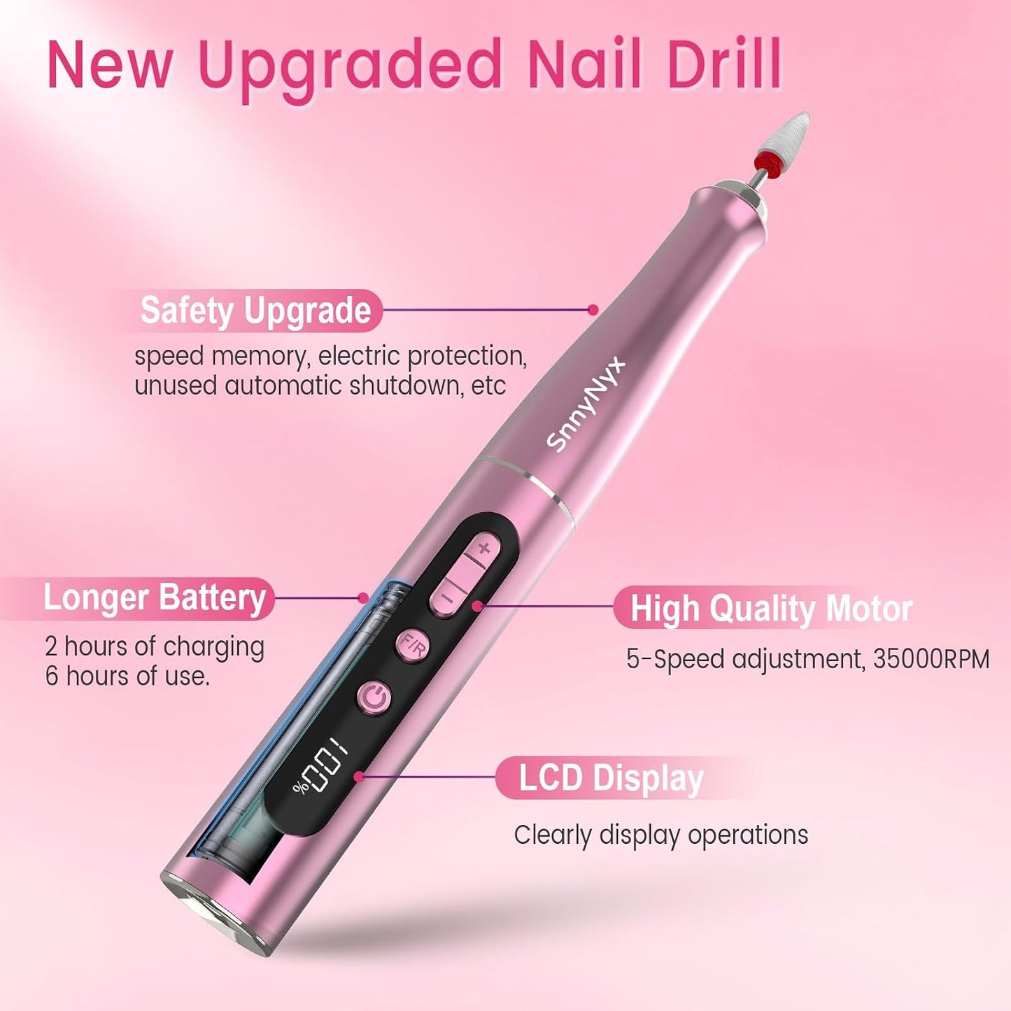 Cordless Electric Nail Drill 35000 RPM, Professional Portable Nail File for Acrylic Nails & Gel Polish Removal, Low Vibration & Heat E-file with 11 Drill Bits, Salon-Quality Manicure Pedicure Kit (Rose Pink）