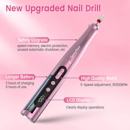 Cordless Electric Nail Drill 35000 RPM, Professional Portable Nail File for Acrylic Nails & Gel Polish Removal, Low Vibration & Heat E-file with 11 Drill Bits, Salon-Quality Manicure Pedicure Kit (Rose Pink）