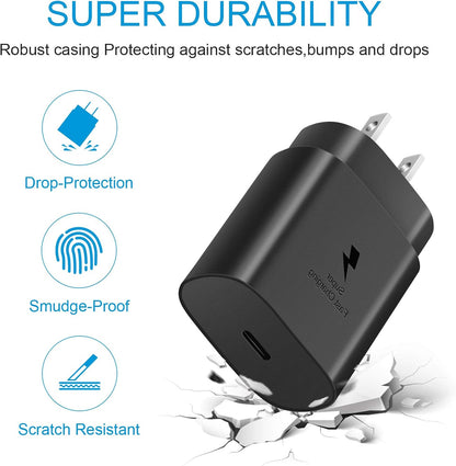 USB C Fast Charger, 2Pack 25W Type C Fast Charger Wall Charger Super Fast Charging Block for Galaxy S24 S23 S22 S21 S20 Ultra S10 S9, Note 20 10 9, with 6ft USB C to Type C Cable 25W Charger Adapter