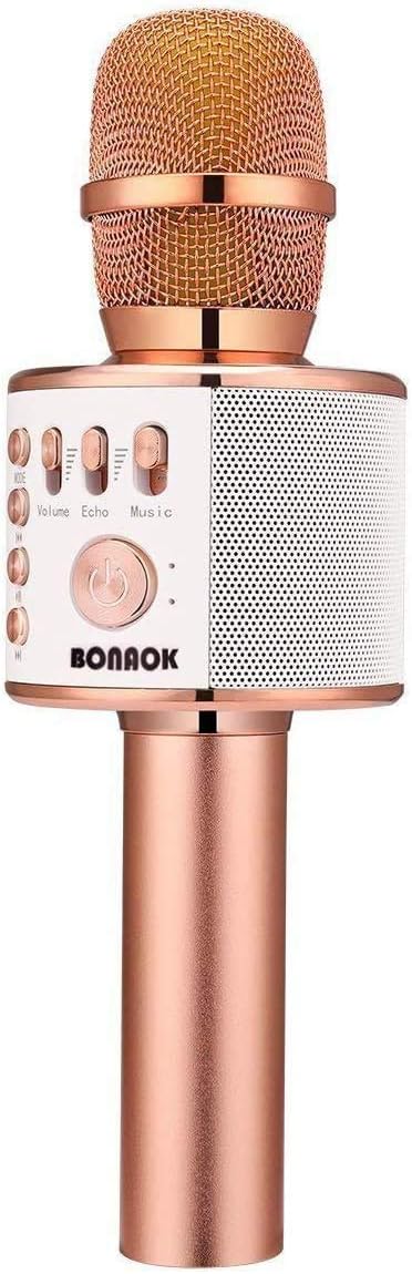 BONAOK Wireless Bluetooth Karaoke Microphone – 3-in-1 Portable Mic & Speaker, Echo Control, MP3 Playback, Compatible with Smartphones, Home Party & Birthday Fun – Rose Gold - PuriLite