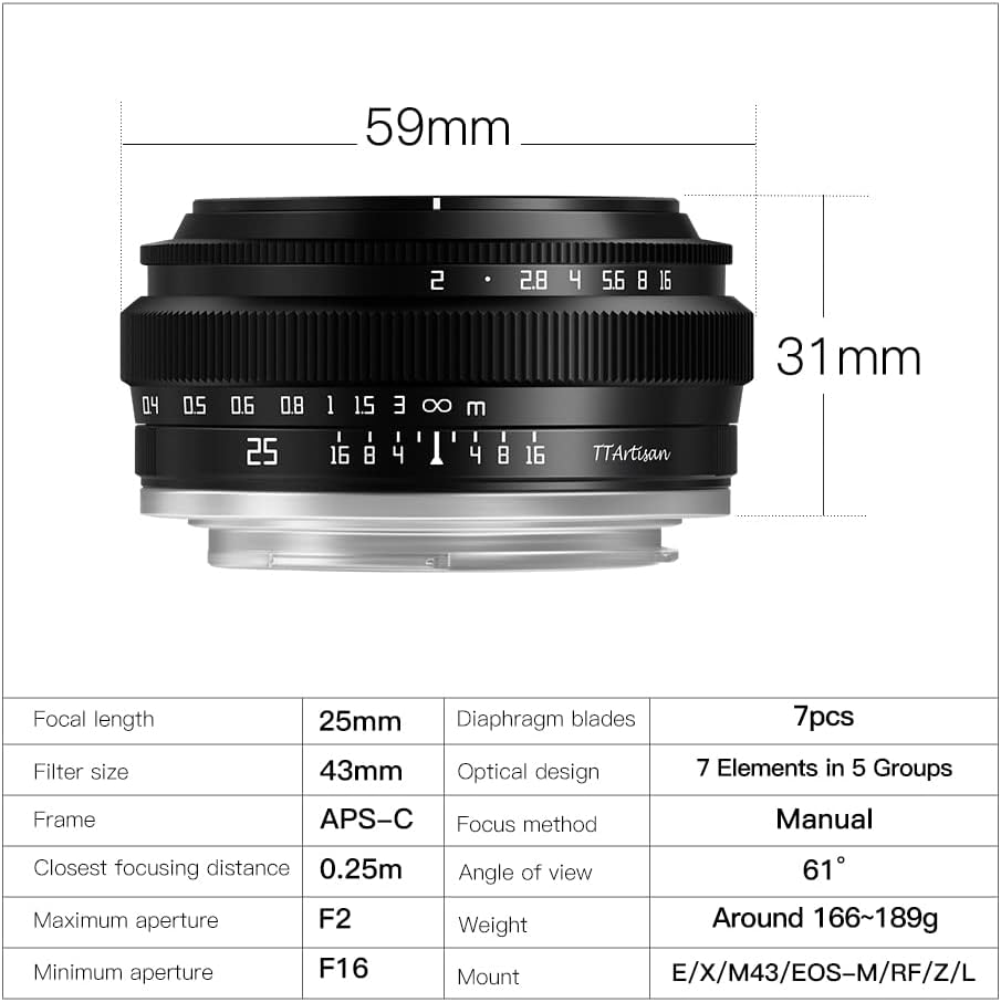 TTARTISAN 25mm F2 Wide-Angle APS-C Camera Lens Large Aperture Manual Fixed Compatible with Fuji X-Mount Cameras X-A2 X-A3 X-A5 X-A7 X-H1 XT1 X-T2 X-T3 X-T20 X-T30 X-T100 X-T200 X-PRO1