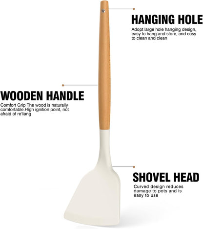 Silicone Cooking Utensils Set - Silicone Kitchen Utensils for Cooking Wooden Handles, 446°F Heat Resistant Kitchen Utensil Spatula Sets w Holder, Gadgets for Non-Stick Cookware BPA Free (Black)