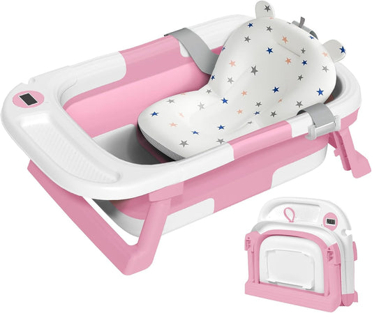 Collapsible Baby Bathtub,Baby Bath Tub with Thermometer & Soft Cushion,Baby Bathtub for Newborn to Toddler 0-36 Months,Portable Travel Baby Tub with No-Slip Feet,Baby Shower Gifts,Pink
