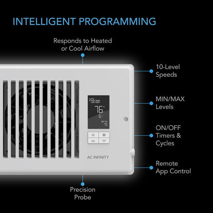 AC Infinity AIRTAP T4 White, Register Booster Fan for 4” x 10” Vents, Thermostat Control Improves Heating & Cooling, Quiet 10-Speed Remote Control & Bluetooth App. ONLY FITS 4” x 10” Duct Openings