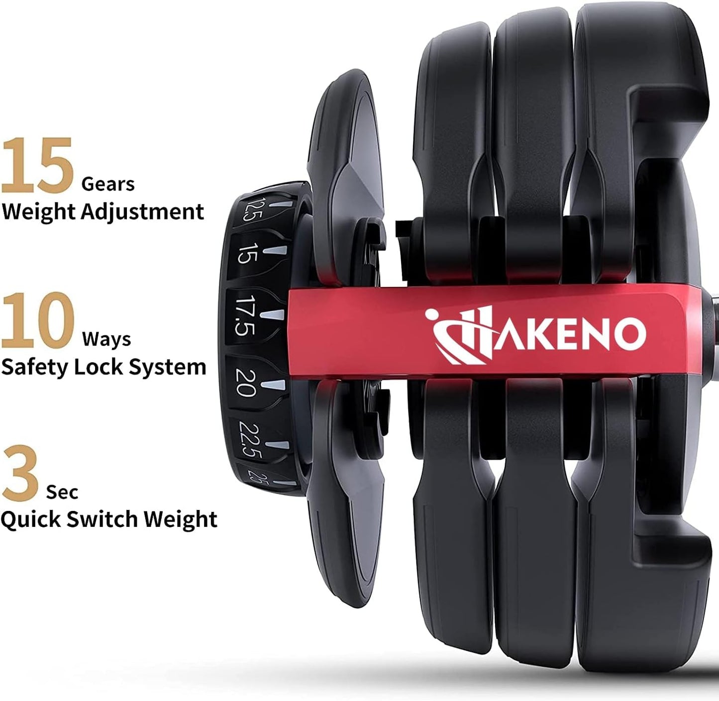 HAKENO 15 in 1 Adjustable Dumbbell 52.5lb with Fast Automatic Adjustable and Weight Plate for Body Workout Home Gym 52.5LB/24KG