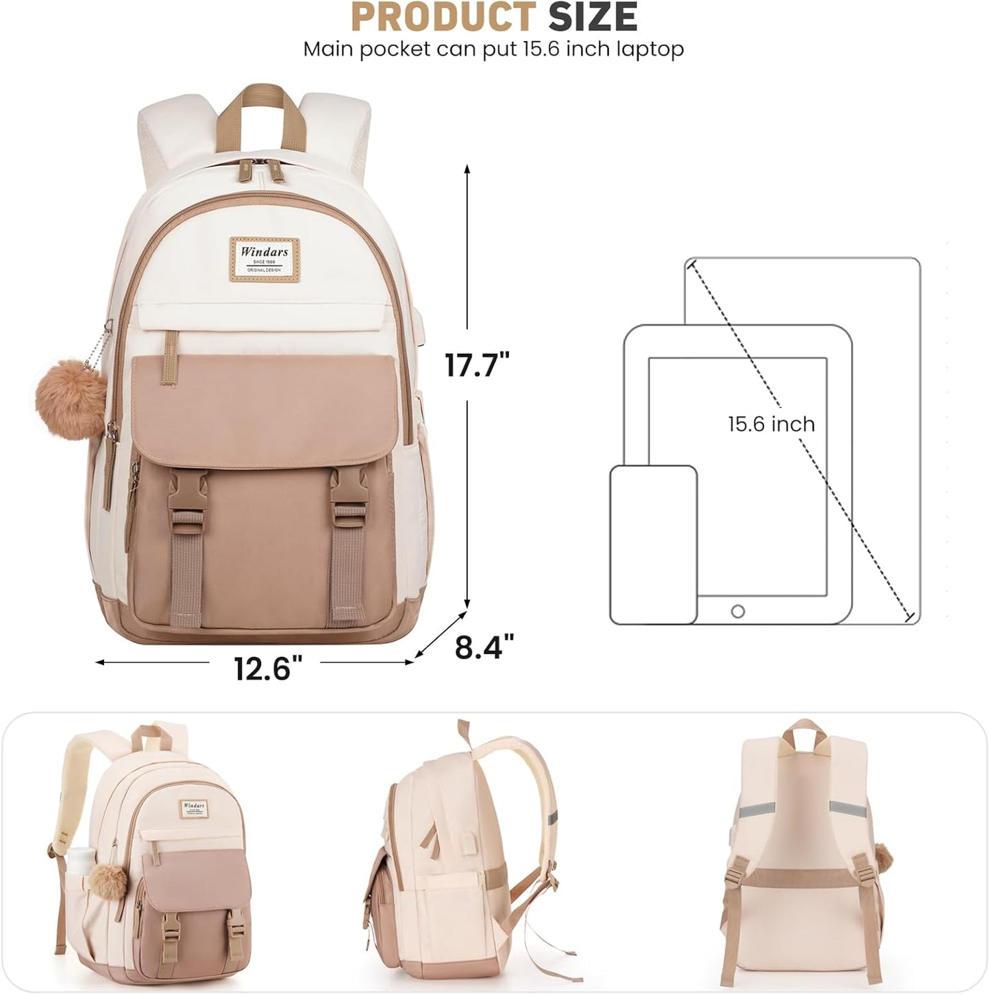 WINDARS School Backpack for Teen Girls, Cute College Backpacks for Women Students Aesthetic Bookbag Large 15.6 Inch Laptop Bag Middle School Travel Back Pack (Khaki Beige)