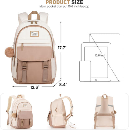 WINDARS School Backpack for Teen Girls, Cute College Backpacks for Women Students Aesthetic Bookbag Large 15.6 Inch Laptop Bag Middle School Travel Back Pack (Khaki Beige)