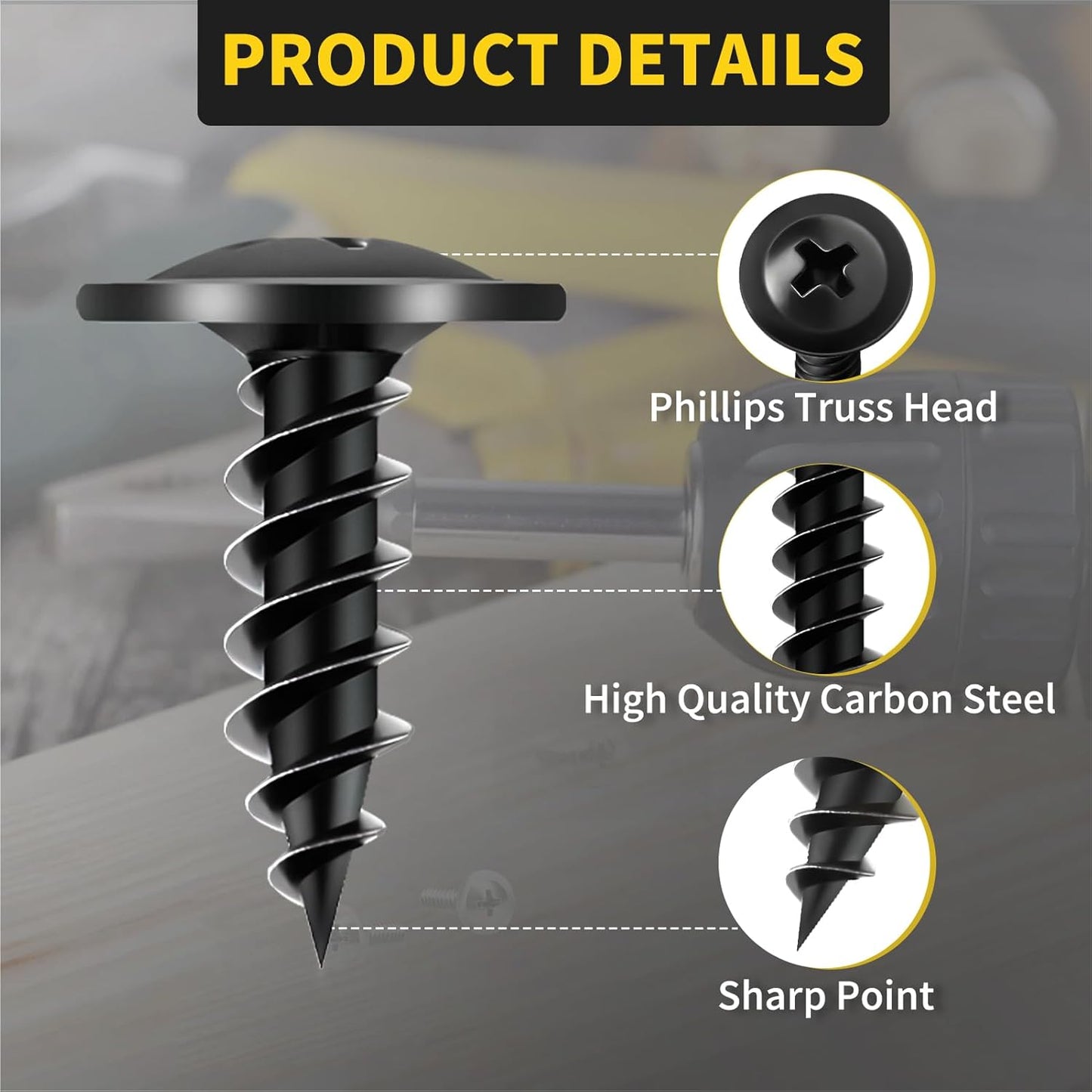 Wood Screws Assortment Kit, FIXLINK 220 PCS High Hardness Truss Head Black Wood Screws Set, Phillips Drive Assorted Screws, Contain 8 Size (,2”,1-5/8”,1-1/2”,1-1/4”,1”,3/4”,5/8”,1/2”), Black