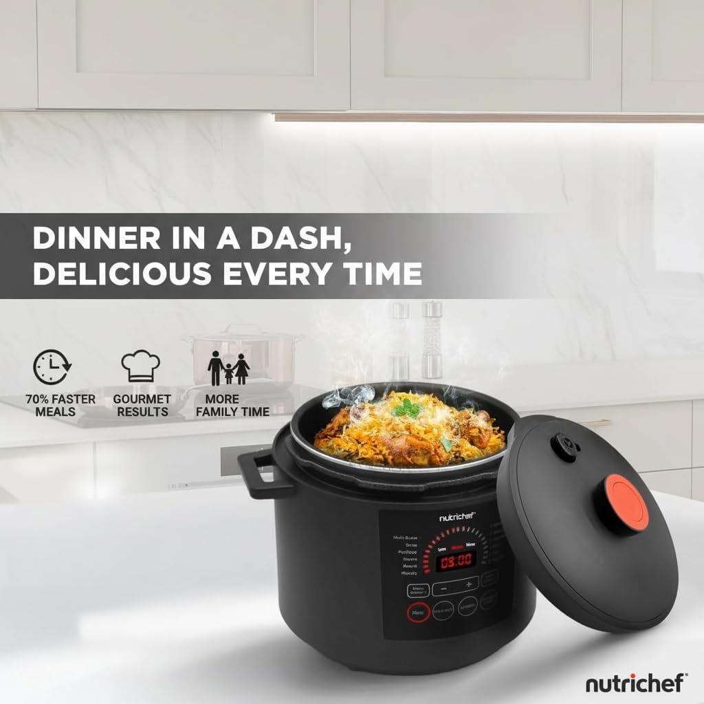 NutriChef Pressure Cooker 6 Quart Stainless Steel, Adjustable Time & Temperature, Multi Cooker for Rice, Yogurt & Meat, Fast Meal Prep