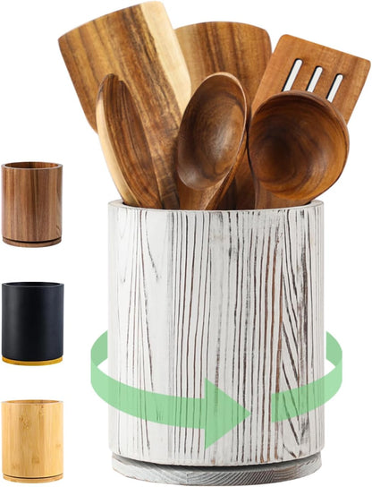 Wooden Utensil Holder | Rotating Utensil Organizer | Kitchen Counter Storage Crock | Farmhouse Countertop Decor | Cooking Utensil Stand - PuriLite
