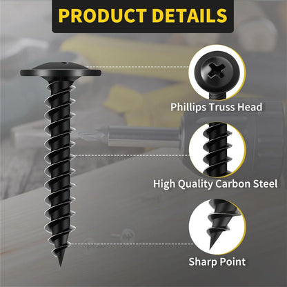 Wood Screws Assortment Kit, FIXLINK 220 PCS High Hardness Truss Head Black Wood Screws Set, Phillips Drive Assorted Screws, Contain 8 Size (,2”,1-5/8”,1-1/2”,1-1/4”,1”,3/4”,5/8”,1/2”), Black