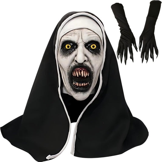 The Nun Mask, Halloween Nun Full Head Latex Mask, Cross Necklace and Claw Gloves for Women Adults for Cosplay Halloween
