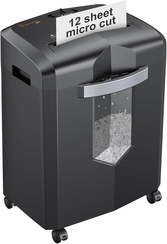 bonsaii 12-Sheet Micro Cut Shredders for Home Office, 60 Minute P-4 Security Level Paper Shredder for CD, Credit Card, Mails, Staple, Clip, with Jam-Proof System & 4.2 Gal Pullout Bin C266-B