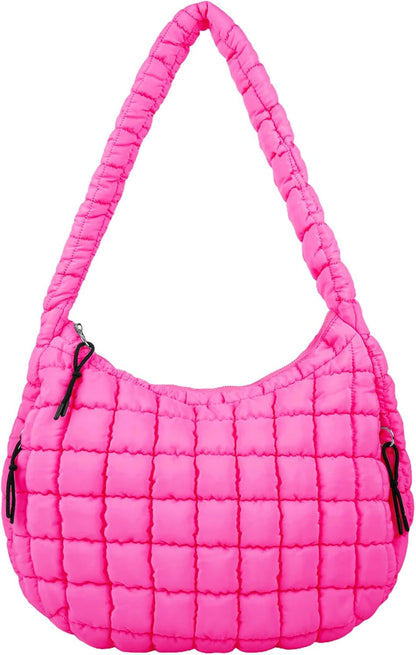 Quilted Puffer Tote Bag Large Crossbody Shoulder Bag with Zipper, Nylon Hobo Oversized Handbag