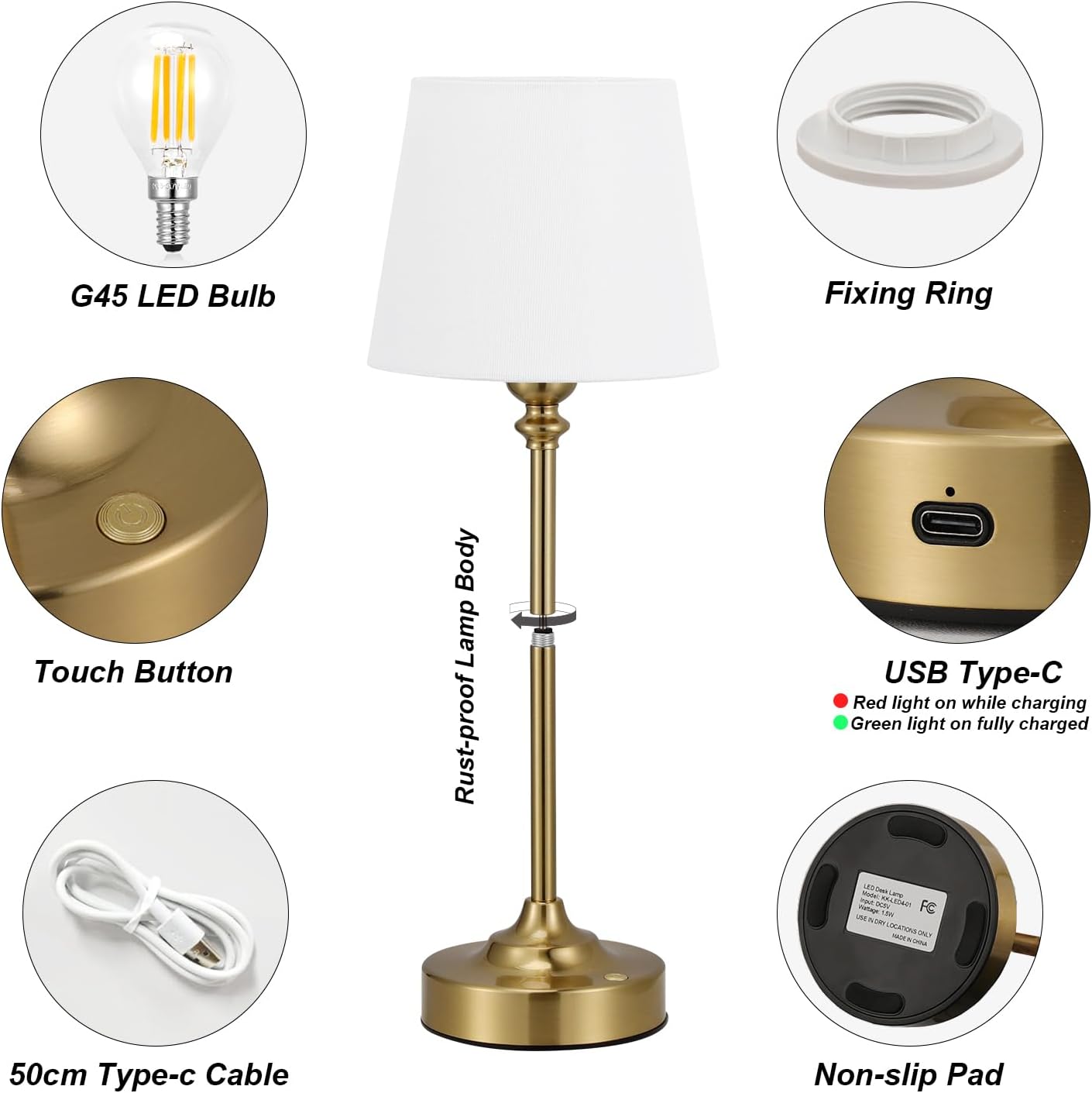 Rechargeable Cordless Table Lamp: 3000k Stepless Dimming, 1 Pack Brass 4000mAh Battery Operated Wireless Touch Lamp for Dining Table, Counter, Living Room, Bedroom