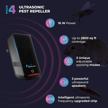 Ultrasonic Pest Repeller, 2025 Newest Electronic Pest Repellent, Indoor Ultrasonic Repellent for Roach, Rodent, Mouse, Bugs, Mosquito, Mice, Spider, Electronic Plug in Pest Control 4 Pack (Black)