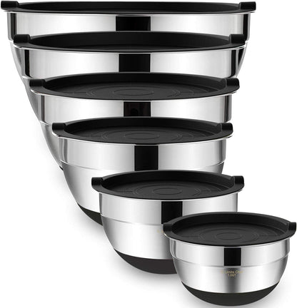 Mixing Bowls with Airtight Lids，6 Piece Stainless Steel Metal Nesting Storage Bowls by Umite Chef, Non-Slip Bottoms Size 7, 3.5, 2.5, 2.0,1.5, 1QT, Great for Mixing & Serving(Black)