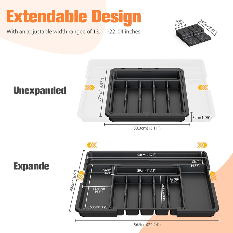 Ceecysaa Cutlery Tray Drawer Organizer with Removable knife blocks, Expandable Utensil Tray for Kitchen,Adjustable Plastic Storage and Storage Drawer Divider for Spoons Forks Knives,Large, Black