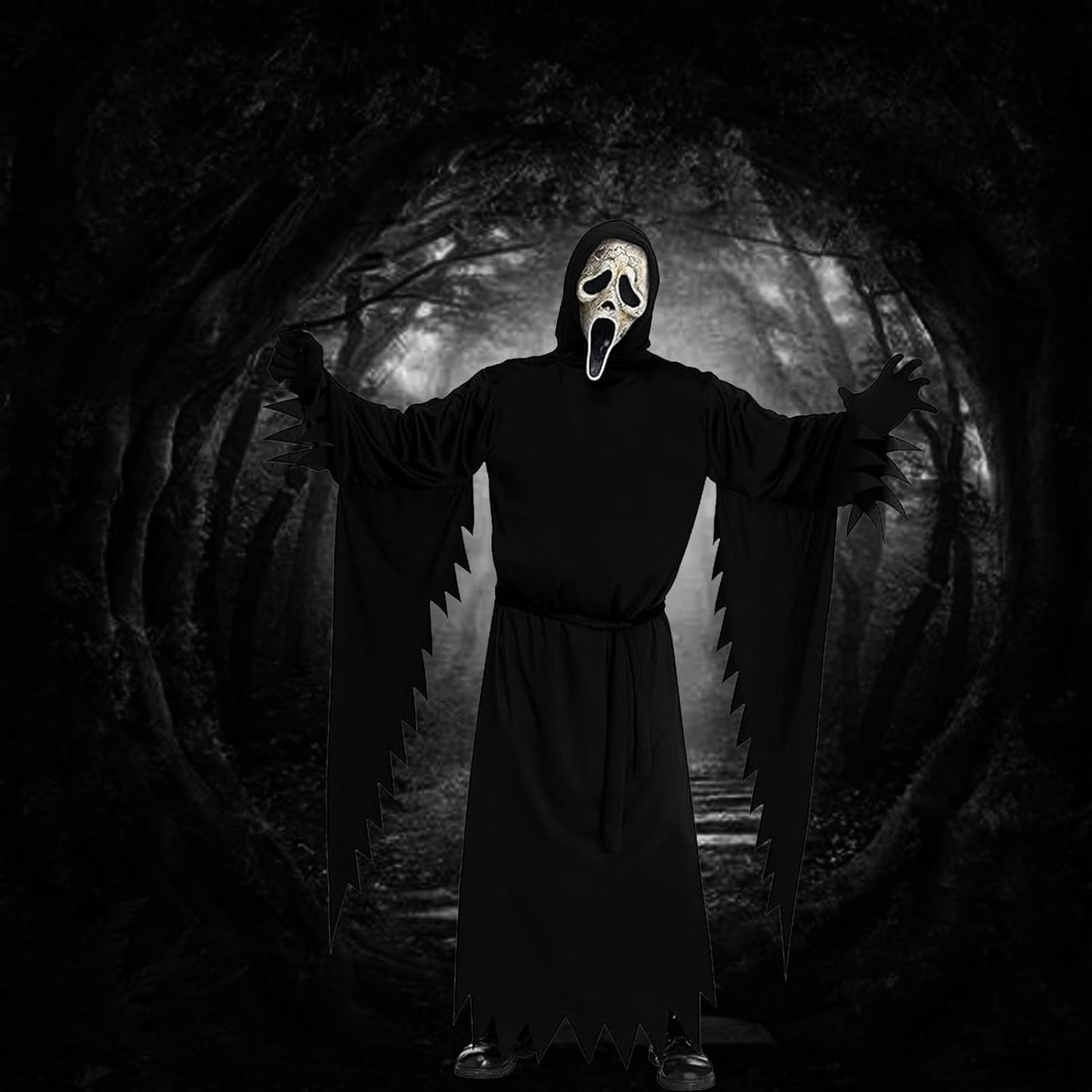 Mens Scary Scream Costume Black Robe with Scary Mask Halloween Cosplay Costume