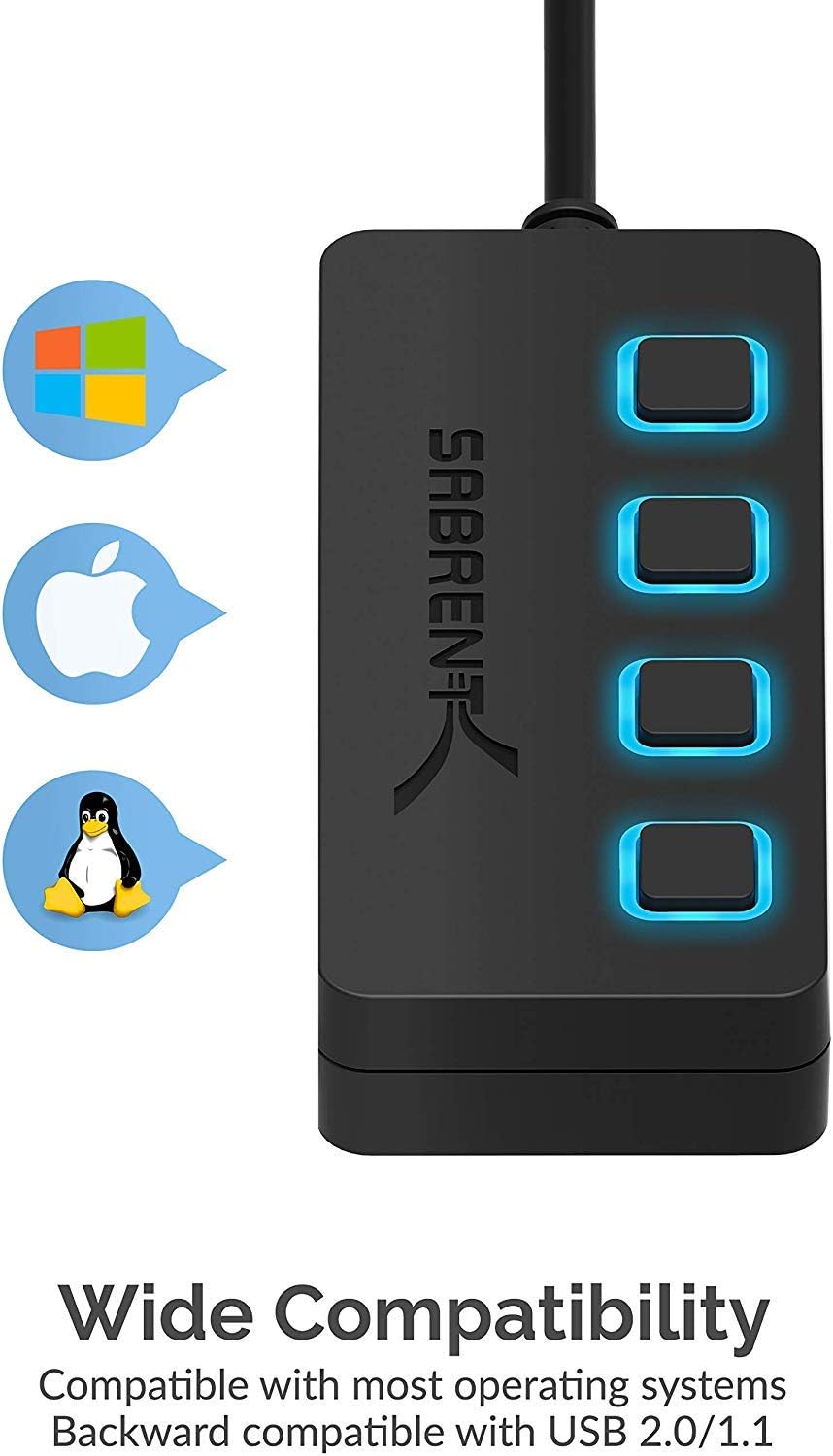 SABRENT USB hub, USB Adapter 2.0, 4 Port USB Extension with ON/Off switches, Multiple USB Splitter for SSD, PS4 PS5, PlayStation 5, Laptop, PC, Printer, MacBook, USB Stick, Notebook (HB-UMLS)