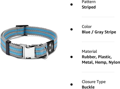 Regal Dog Products Pet Collar with Metal Buckle and D Ring | Durable Dog Collar with Reinforced Metal Clasp and Nylon Webbing Adjustable Dog Collar for Small Dog or Puppy (Small, Blue/Gray Stripe)